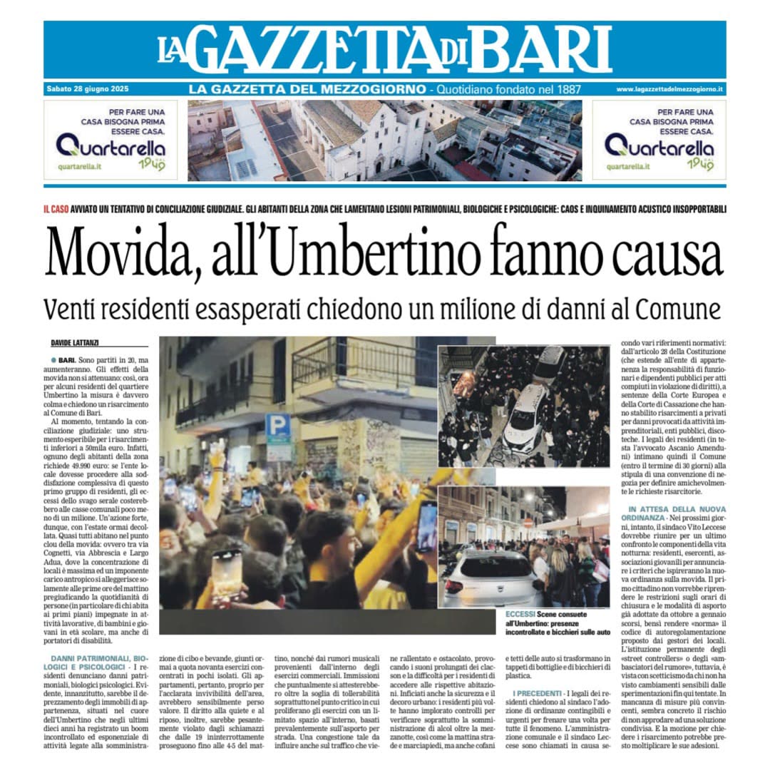 Movida a Bari, i residenti dell'Umbertino si ribellano: avviata azione legale contro il Comune