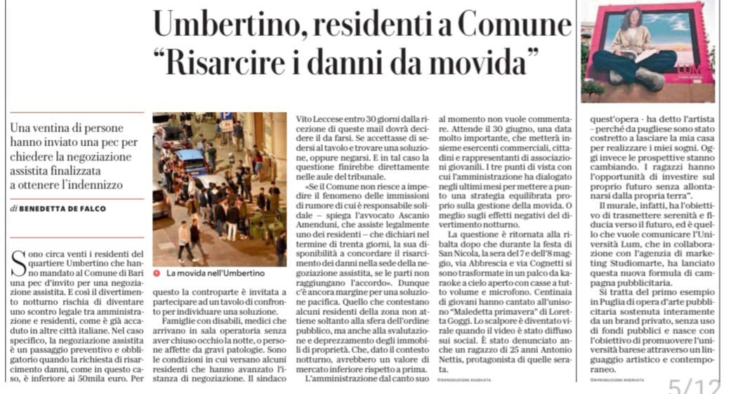 Movida a Bari, i residenti dell'Umbertino si ribellano: avviata azione legale contro il Comune